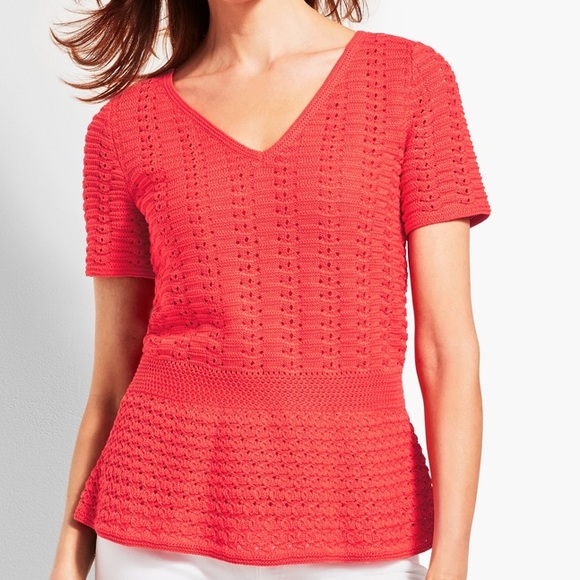 Talbots Tops - Talbots Coral Red Double-V Crochet Peplum Sweater